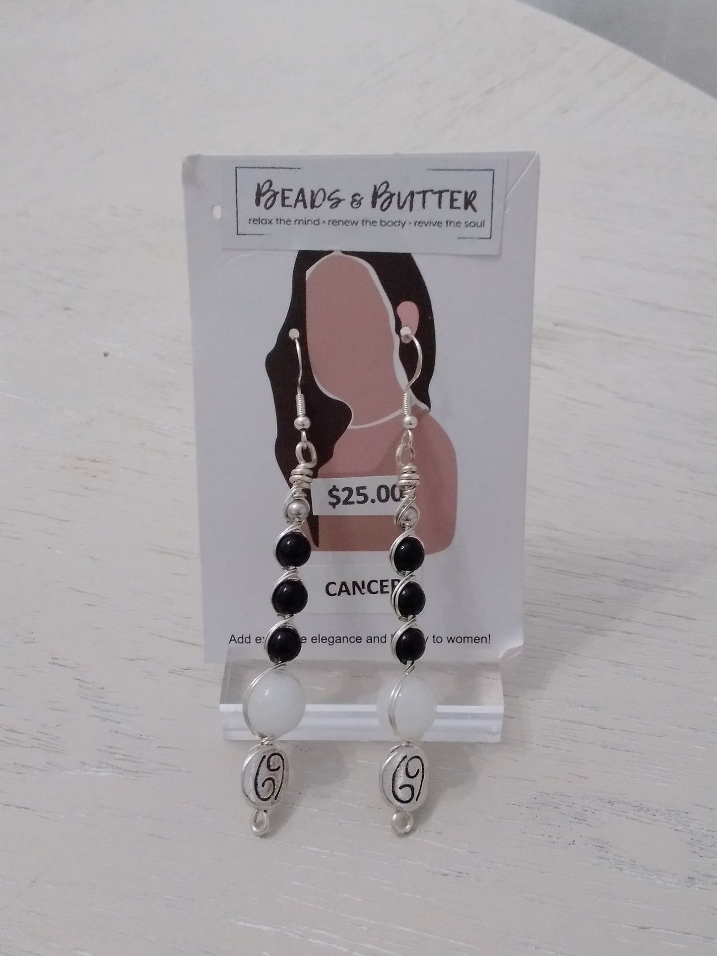 Black Onyx/White Jade Zodiac Dangle Earrings (Cancer)