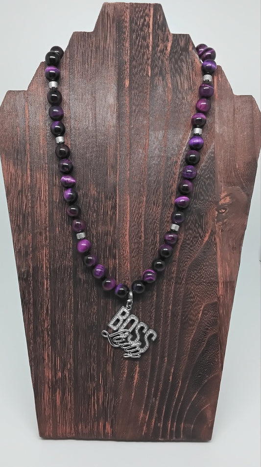 Purple Tiger's Eye Necklace w/Silver Boss Lady Charm
