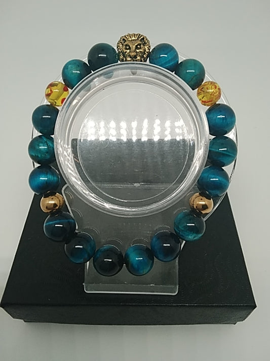 Light Blue Tigers Eye Gemstone Beaded Bracelet w/Lion Head Spacer