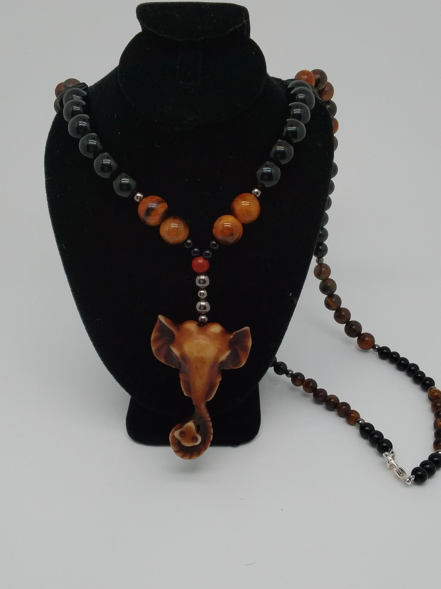 Elephant Head Pendant, Tigers Eye and Black Onyx Beaded Gemstone Necklace