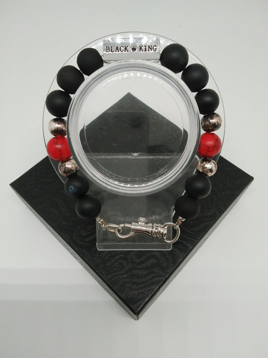 Black Onyx & Red Turquoise Gemstone Bead "BLACK KING" Bracelet