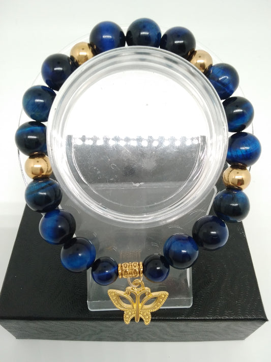 Blue Tigers Eye Gemstone Bead Bracelet w/Gold Butterfly Charm