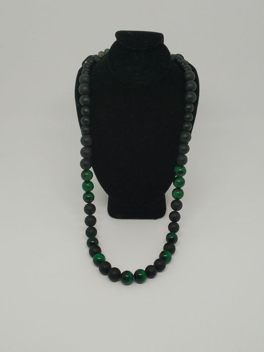 Black Onyx and Green Tigers Eye Men's Gemstone Beaded Necklace