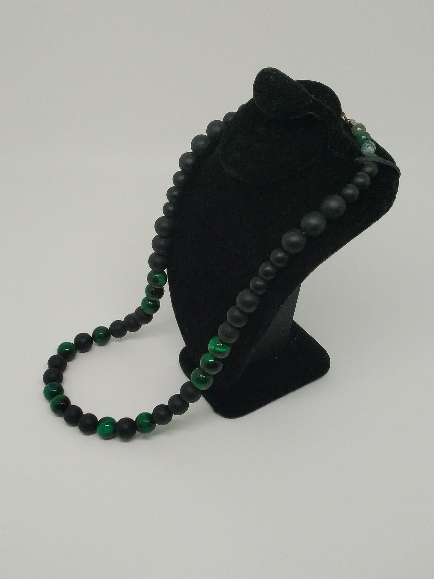 Black Onyx and Green Tigers Eye Men's Gemstone Beaded Necklace