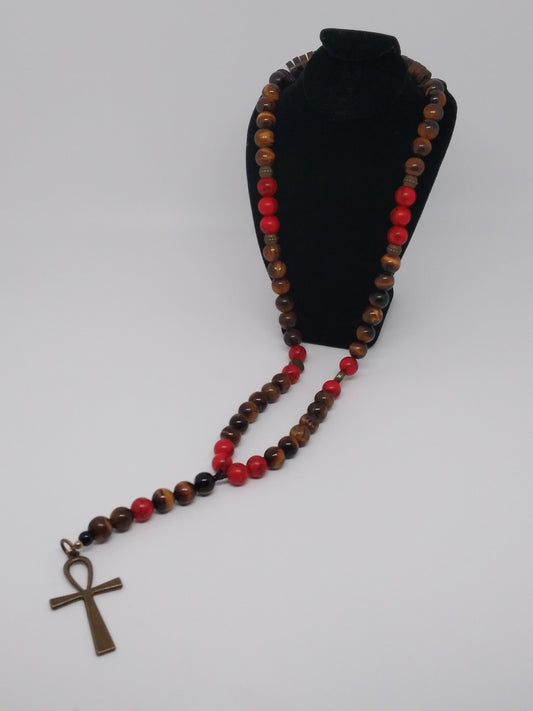 Tigers Eye and Red Turquoise Men's Gemstone Beaded Necklace w/Ankh