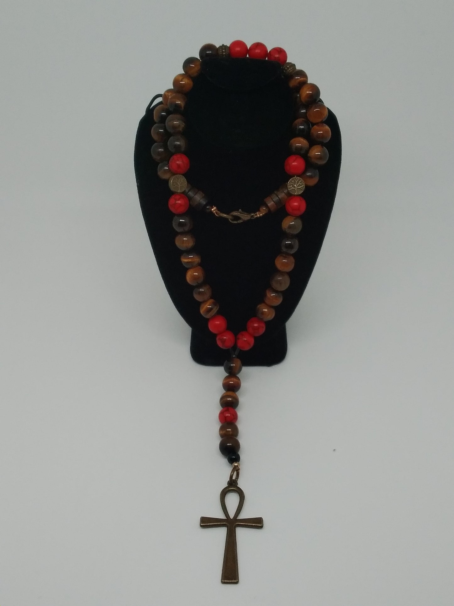 Tigers Eye and Red Turquoise Men's Gemstone Beaded Necklace w/Ankh