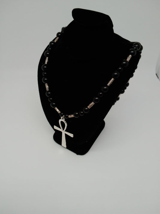 Black Jasper & Silver Ankh Necklace